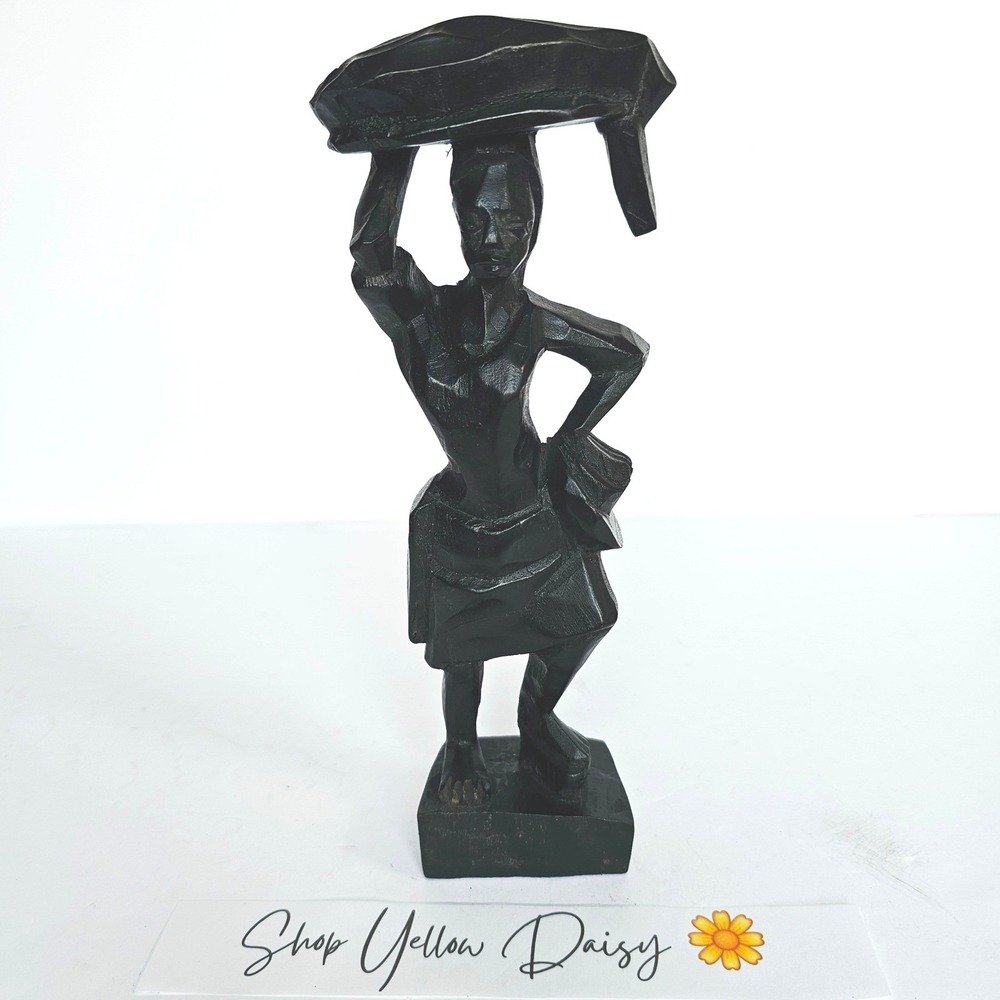 Vintage African Hand Carved Wood Statue‎ Woman Carrying Basket Folk Art Decor